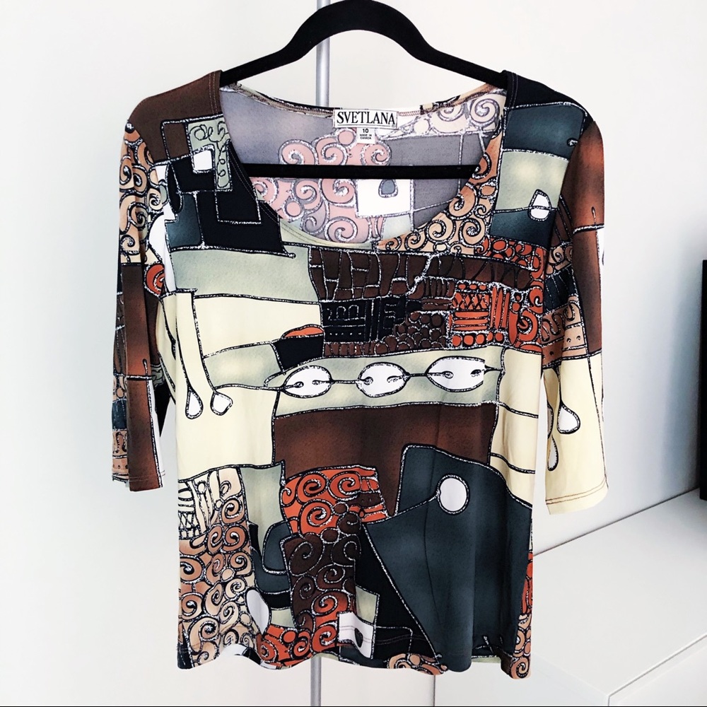 Green Brown Grey Abstract Print Pattern Blouse Top